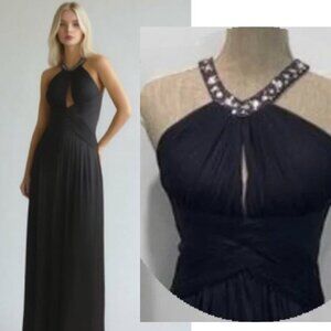 Cache Navy Blue Maxi Dress with Embellished Neckline